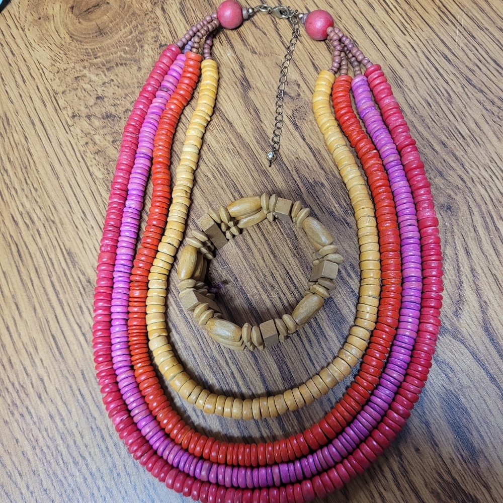 Vintage Wood Beaded 4 Strand Neckklace